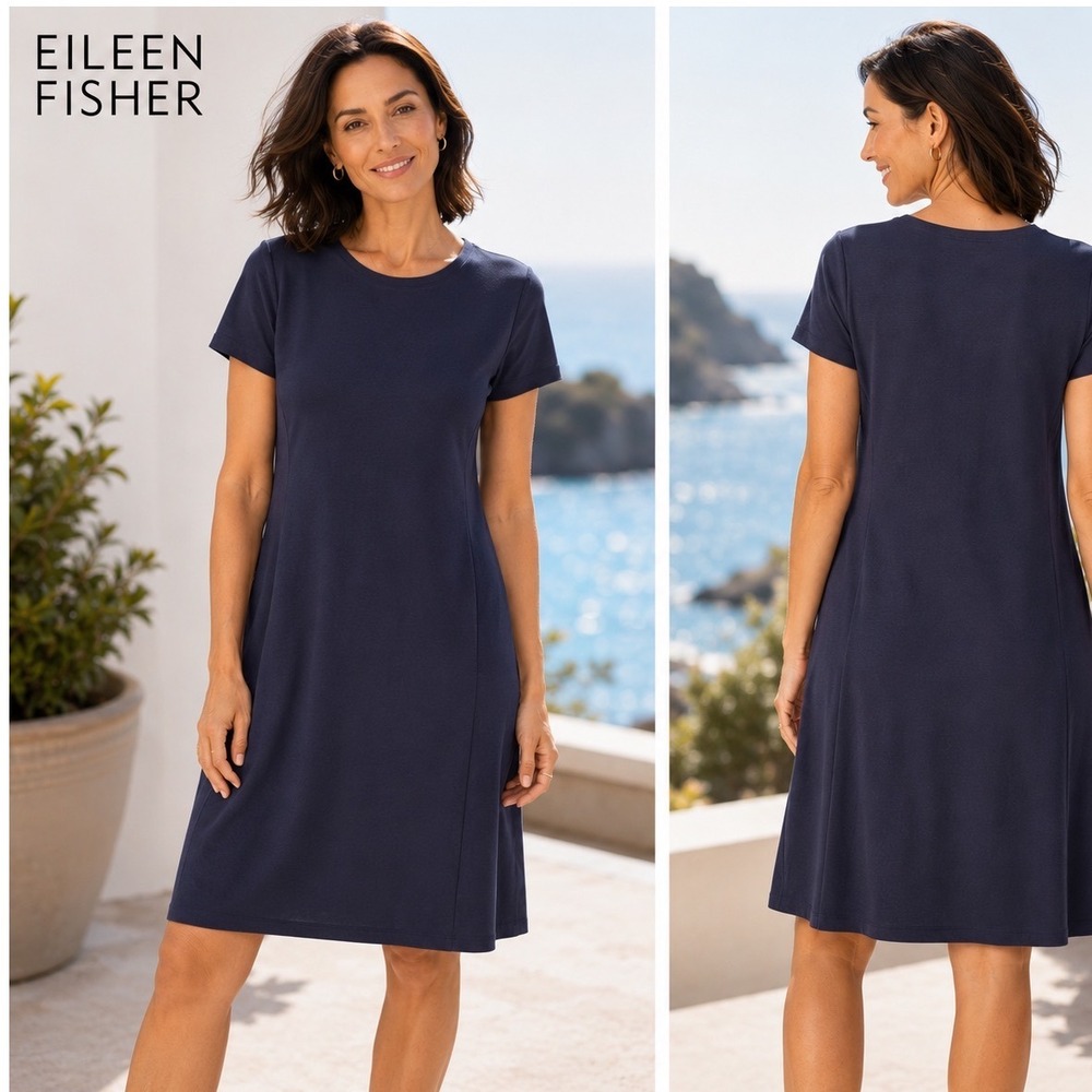 Eileen Fisher Dress Womens‎ Medium Blue Gray Short Sleeve Shift Seam Detail Mini